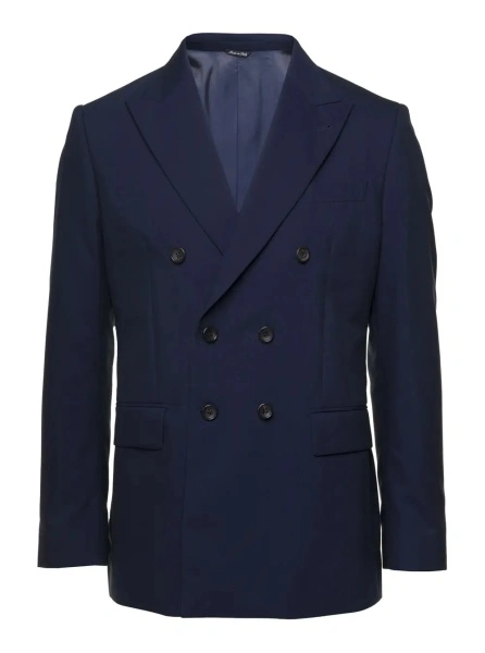 Sacou Double-breasted Blazer with Peak Revers and Shoulder Pads in Wool and Cotton Blend Blue Men
