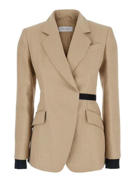Sacou 'Fionda' Beige Linen Jacket with Notched Revers and Adjustable Waist Belt Woman