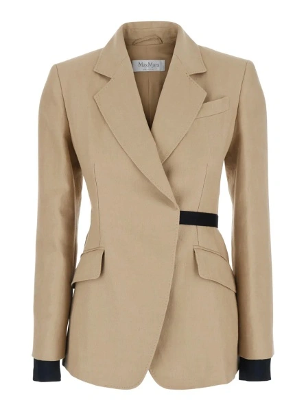 Sacou 'Fionda' Beige Linen Jacket with Notched Revers and Adjustable Waist Belt Woman