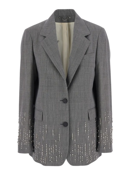 Sacou Grey Single-breasted jacket with notched revers and check motif all-over in virgin wool for women