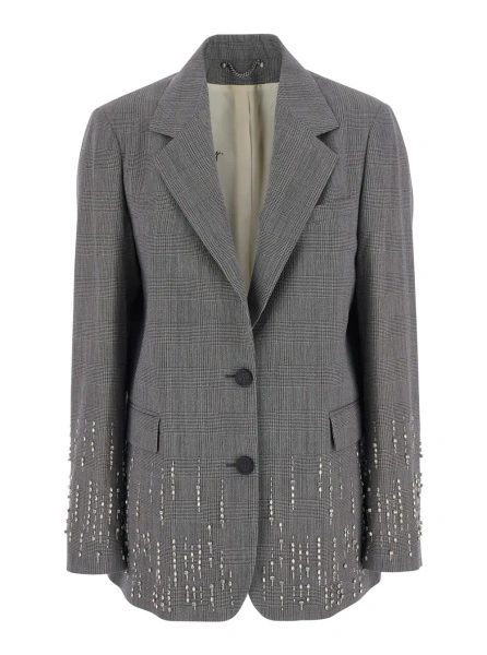 Sacou Grey Single-breasted jacket with notched revers and check motif all-over in virgin wool for women