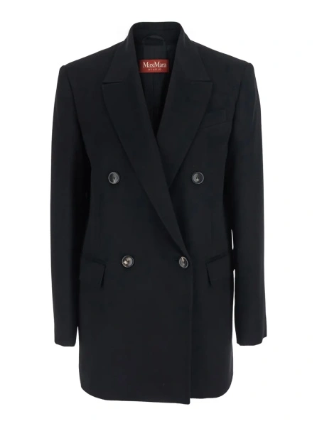 Sacou 'Hobby' Black Double-breasted Jacket with Notched revers in wool blend for women