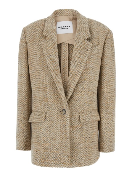 Sacou 'Parly' Beige Single-Breasted Jacket with Notched Revers and Geometric Motif in Blend Wool for Women