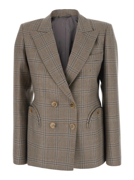 Sacou 'Saona'Beige Double-breasted Jacket with Peak Revers and Check Motif in Wool for Women