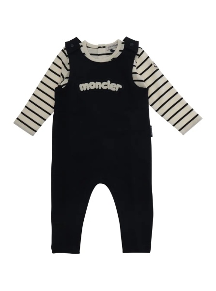 Salopete Blue Crew Neck Romper with Striped Sleeves and Logo Lettering on the Front in Cotton Baby