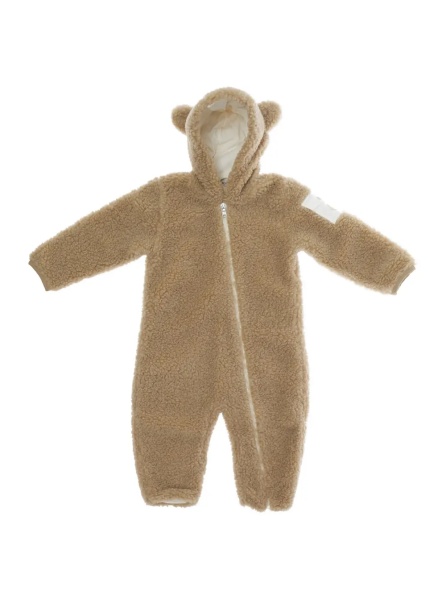 Salopete Brown One-piece romper with hood with ears and logo patch on the sleeve in Tech Fabric baby