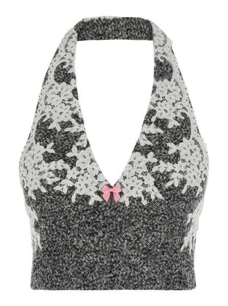 Topuri GREY WOOL LACE HALTER TOP with halter neck and sleeveless Gray Woman