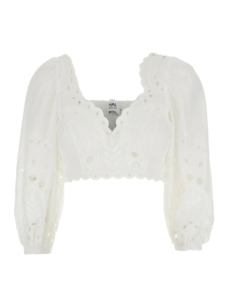 Topuri 'Luna' White Top with Deep Neckline and Intricate Embroidery in Cotton Blend for Women