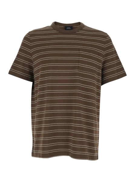 Tricou A.P.C. Brown Crew Neck T-Shirt with Striped Motif and Front Logo in Cotton Man