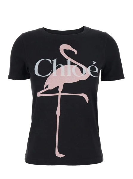 Tricou Black Crew Neck T-Shirt with Large Logo Print on the Front in Cotton for Women