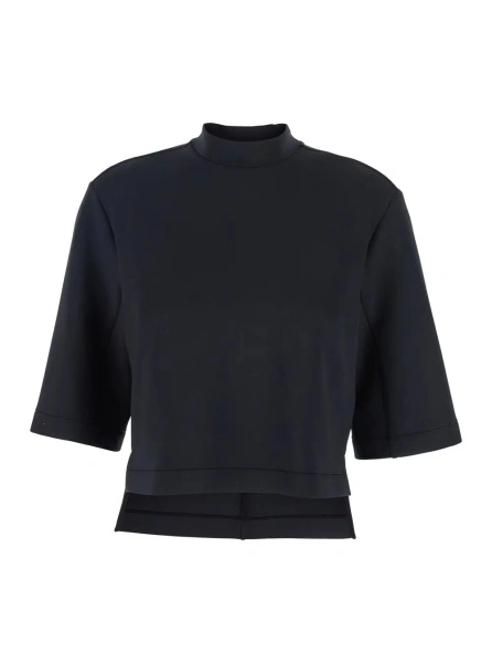 Tricou Black Crew Neck T-Shirt with Logo Patch Applied on the Back in Tech Fabric Woman