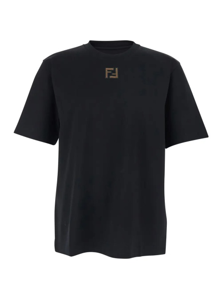 Tricou Black Crewneck T-Shirt with FF Embroidery on the Front in Cotton Man
