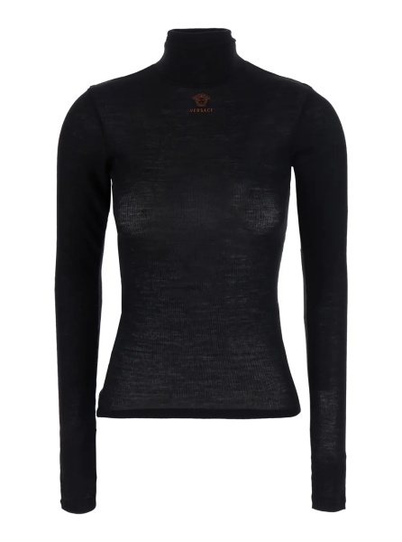 Tricou black High-neck top with embroidered Medusa logo on the front in wool for women