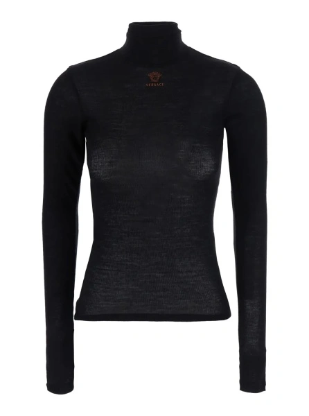 Tricou black High-neck top with embroidered Medusa logo on the front in wool for women