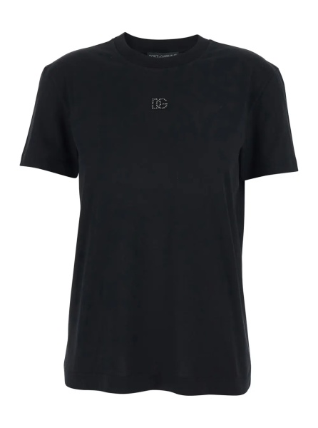 Tricou Black T-Shirt with Logo Embroidery and Beads on the Front in Cotton for Women