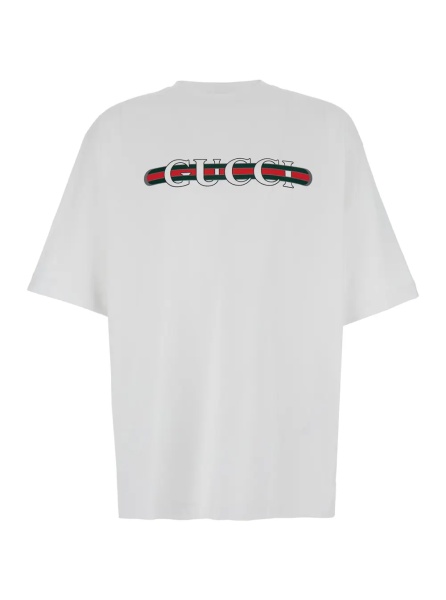 Tricou Crew Neck T-Shirt with Gucci and Web Print in White Cotton for Men