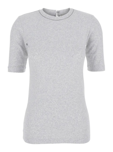 Tricou Gray Crew Neck T-Shirt with Three-Quarter Sleeves and Monil Detail on the Neck in Cotton for Women