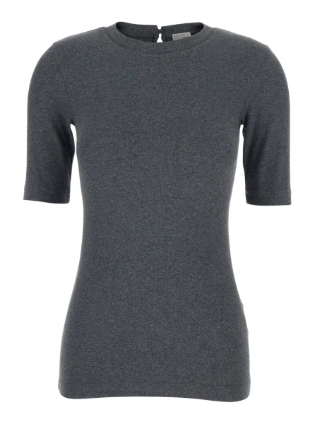 Tricou Grey T-Shirt with Round Neck and Three-Quarter Sleeve in Cotton Woman