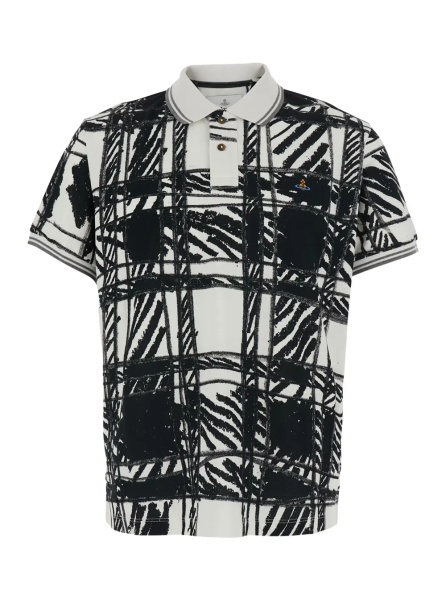 Tricou Polo black and white Polo Shirt with all-over print and embroidered logo in cotton for Men