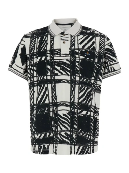 Tricou Polo black and white Polo Shirt with all-over print and embroidered logo in cotton for Men