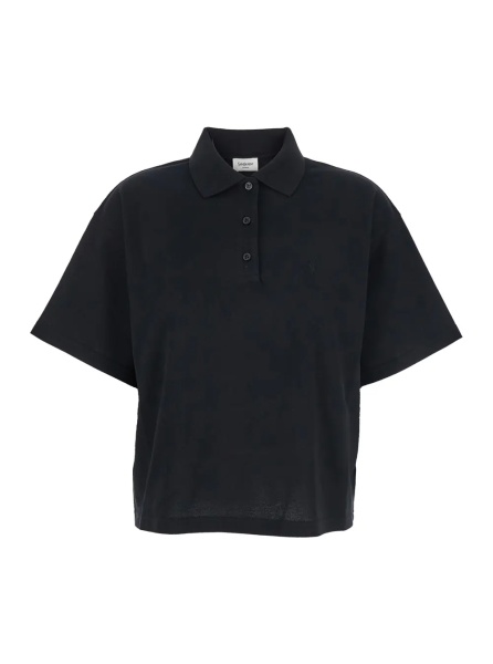 Tricou Polo Black Oversize Polo Shirt with Classic Collar and Tonal Logo Embroidery on the Front in Cotton Piquet Woman