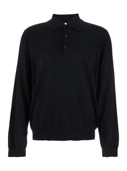 Tricou Polo Black Polo Shirt with Classic Collar and Ribbed Trims in Wool Man