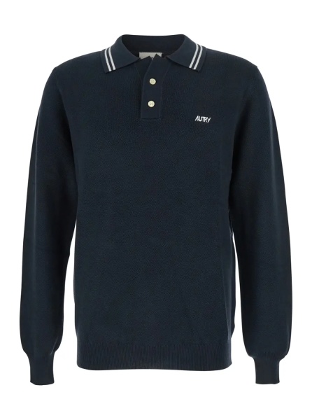 Tricou Polo Blue Long-Sleeve Polo Shirt with Striped Collar and Logo Lettering Embroidery on the Front in Wool and Cotton Blend Man