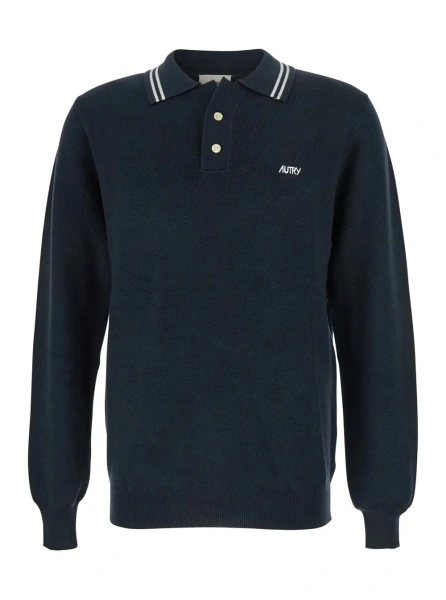Tricou Polo Blue Long-Sleeve Polo Shirt with Striped Collar and Logo Lettering Embroidery on the Front in Wool and Cotton Blend Man