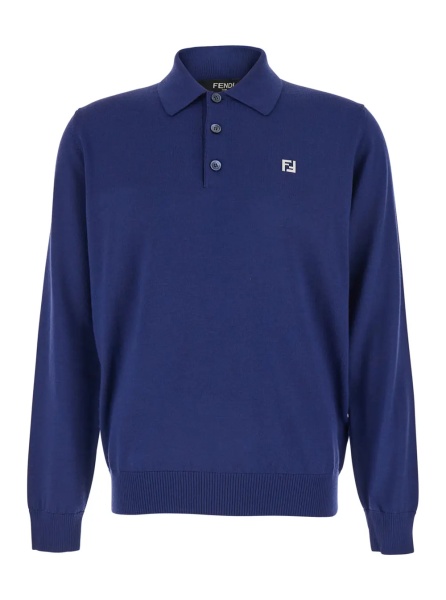 Tricou Polo Blue Long Sleeve Polo with Classic Collar and FF Plate on the Front in Wool for Men