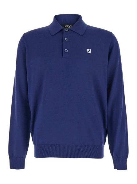 Tricou Polo Blue Long Sleeve Polo with Classic Collar and FF Plate on the Front in Wool for Men