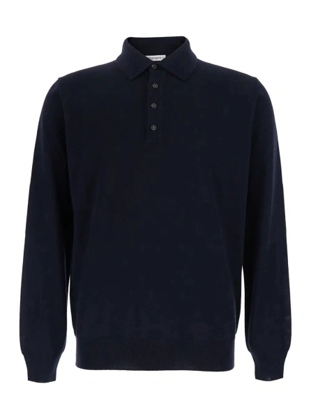 Tricou Polo blue Polo Shirt with four-button closure in merino wool for men