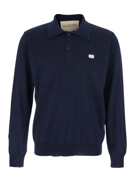 Tricou Polo Blue Polo Style Sweater with VLogo Plaque on the Front in Wool for Men