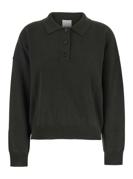 Tricou Polo Green Polo Shirt with Classic Collar and Ribbed Trims in Wool Woman
