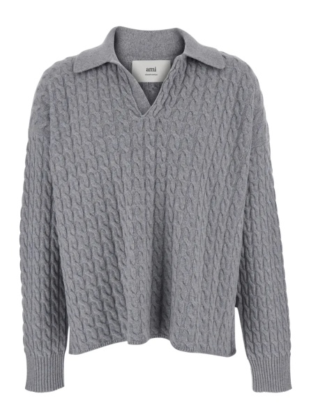 Tricou Polo Grey Polo Shirt with Woven Design in Wool Man
