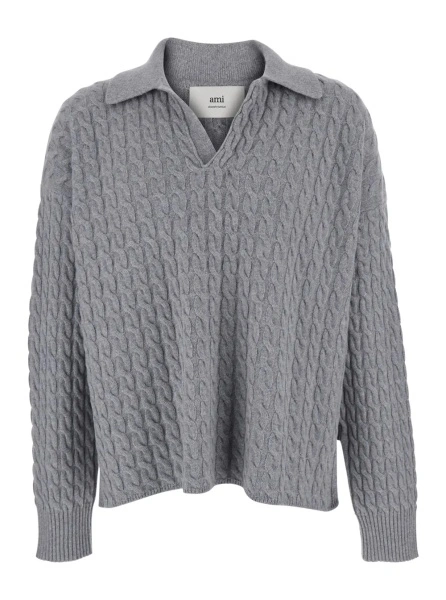 Tricou Polo Grey Polo Shirt with Woven Design in Wool Man