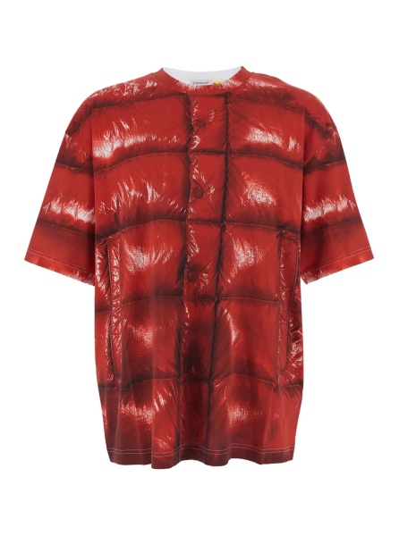 Tricou Red Crewneck T-Shirt with Quilted Effect Graphic Print on the Front and Logo Lettering on the Rear in Cotton Man