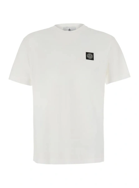 Tricou Stone Island alb din bumbac cu logo aplicat pe piept