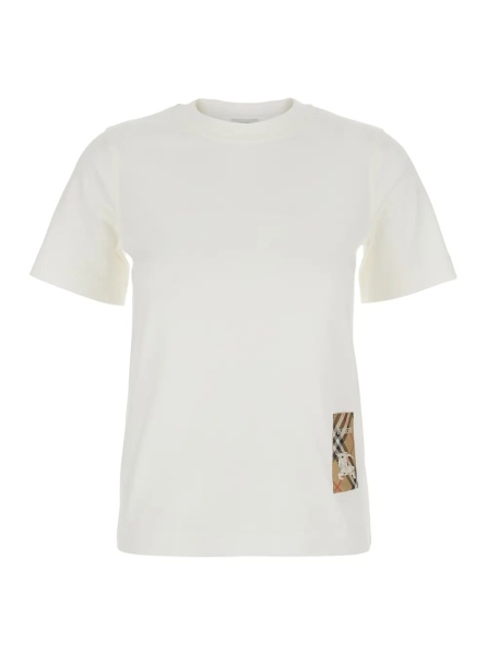 Tricou T-Shirt with Logo Patch with Check Motif on the Front in White Cotton for Women