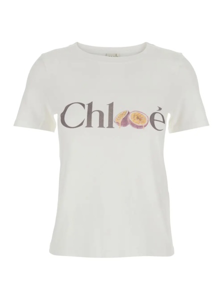 Tricou White Crew Neck T-Shirt with Logo Lettering on the Front in Cotton for Women