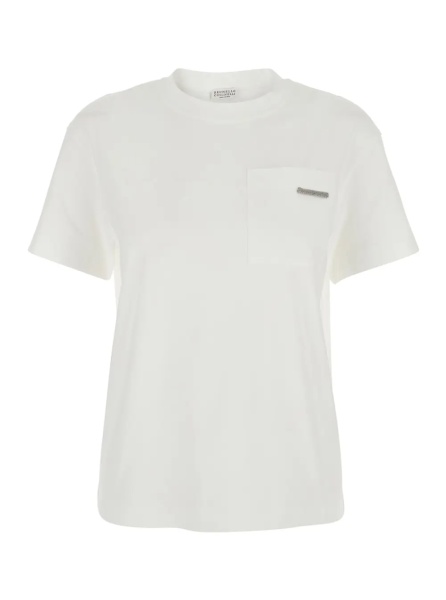 Tricou White Crew Neck T-Shirt with Monile Detail on the Front in Cotton for Women