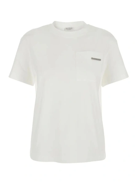 Tricou White Crew Neck T-Shirt with Monile Detail on the Front in Cotton for Women