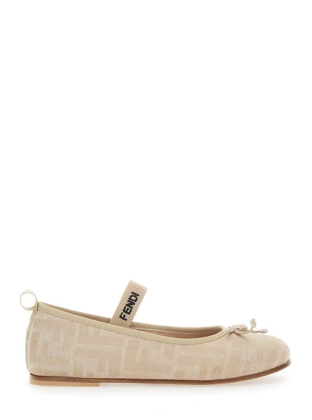 Balerini FF Ballet Shoes with Logo Strap and All-Over FF Motif in Beige Fabric for Girls