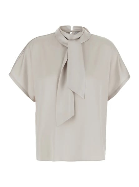 Bluza Beige Blouse with bow collar and Monile decoration in silk for women
