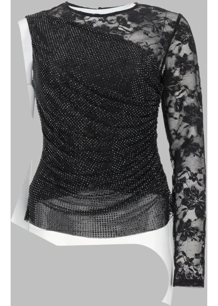 Bluza Top Monospalla Con Strass E Pizzo