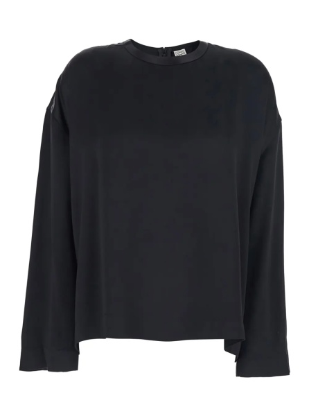 Bluza TOTÊME Black Crew Neck Blouse with Hidden Zip Closure on the Back in viscose for Women