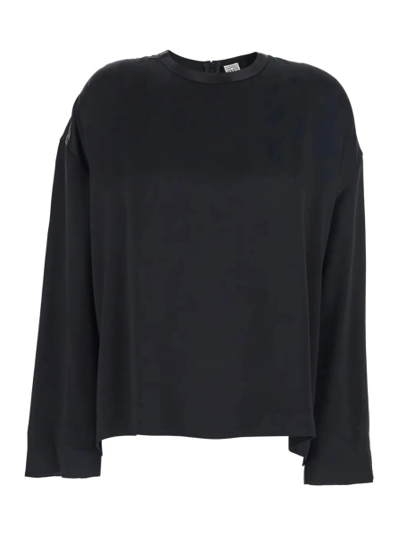 Bluza TOTÊME Black Crew Neck Blouse with Hidden Zip Closure on the Back in viscose for Women