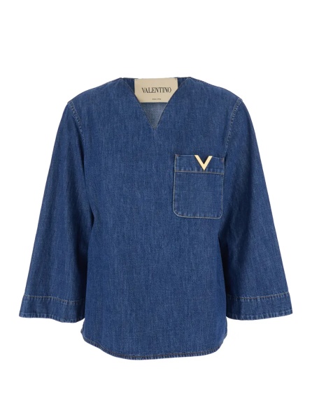 Bluza V-Neck Blouse with VLogo Plaque on the Front in Blue Cotton for Women
