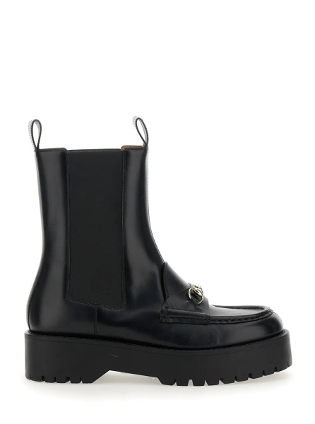 Botine Black Ankle Boots with Horsebit and Lug Sole in Leather Woman