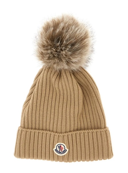 Caciula Beige Beanie with Pompon and logo patch on the front in wool Girl