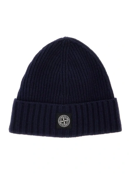 Caciula Blue beanie with turn-up brim and logo patch on the front in blend wool boy